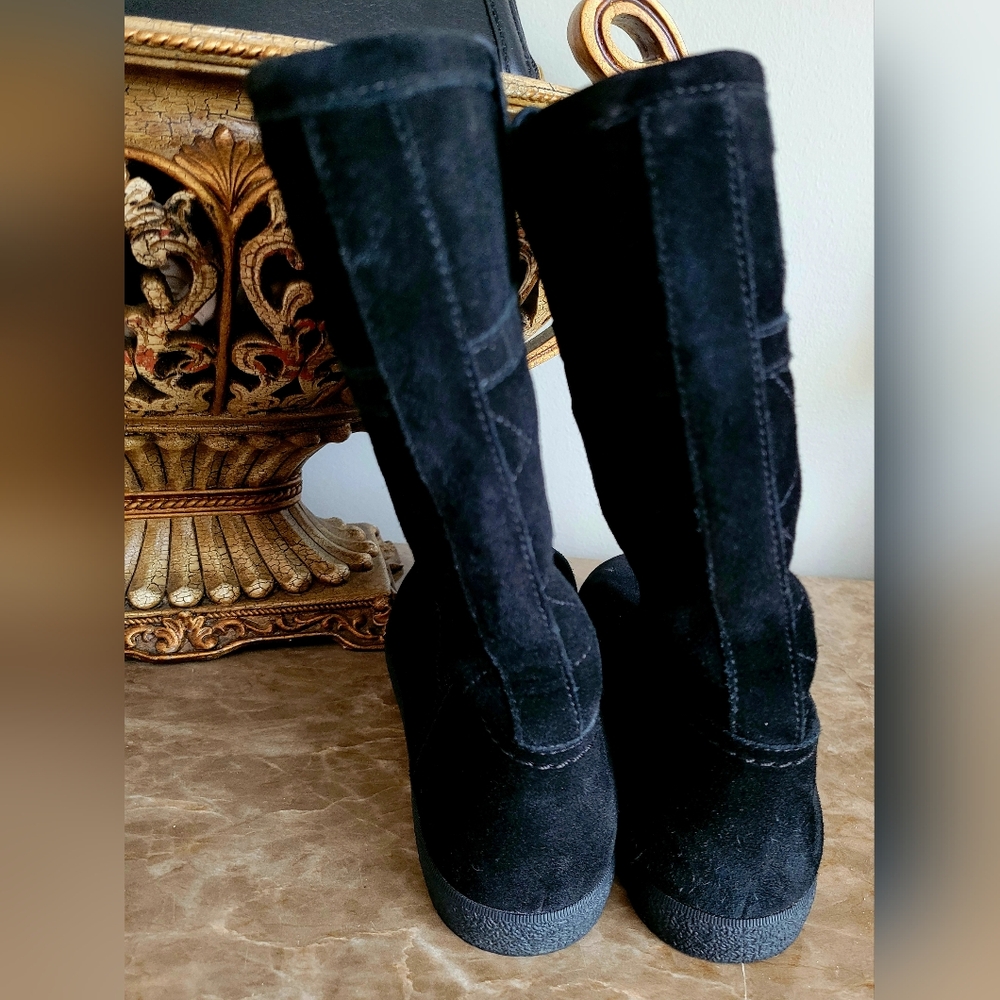 $325 Tory Burch Alana Genuine Suede Shearling Boots Split Pull On Black US6 - Picture 13 of 16